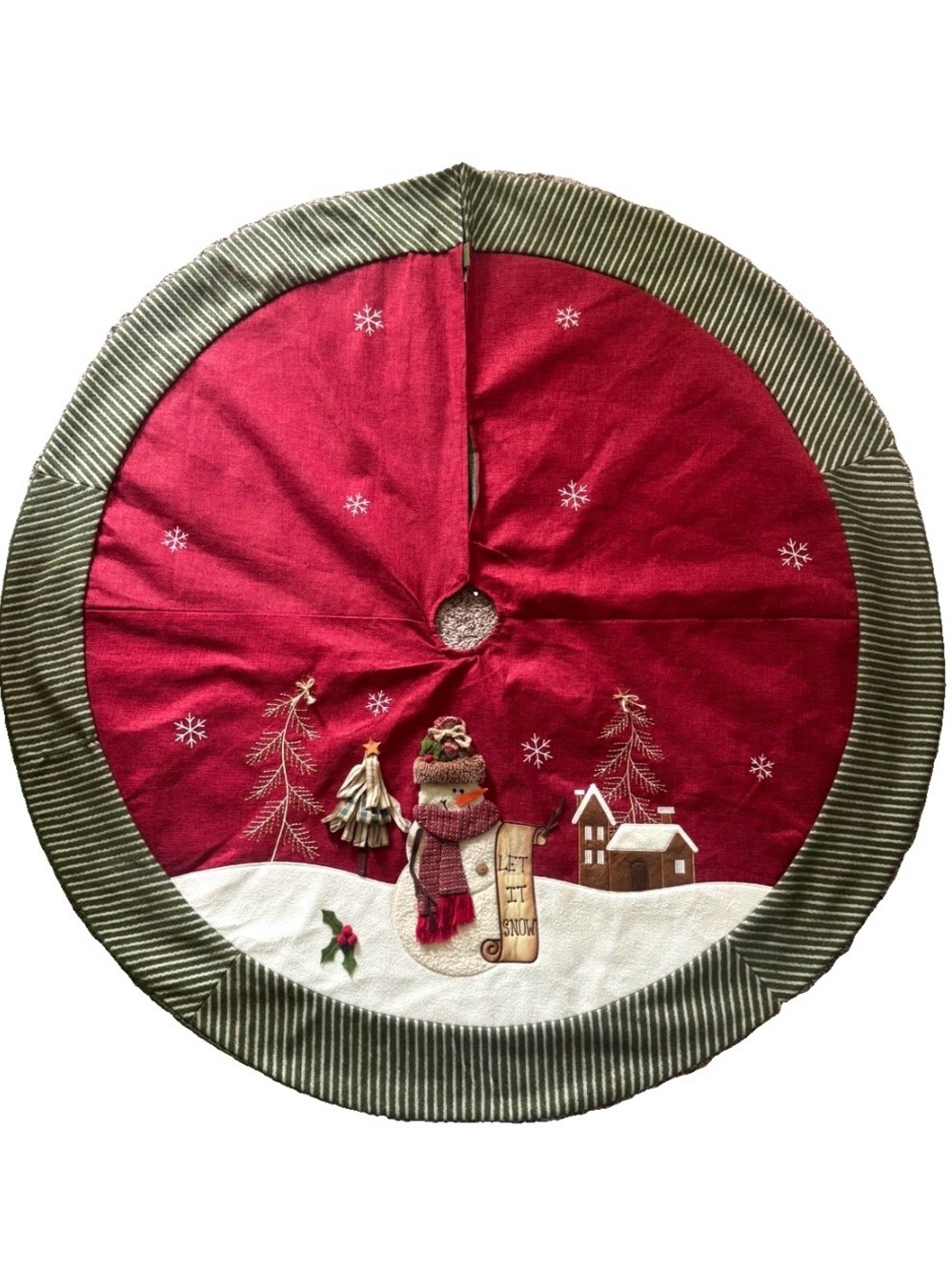 Christmas Tree Skirt 49” Snowman Village Applique Embroidered Rustic Farmhouse